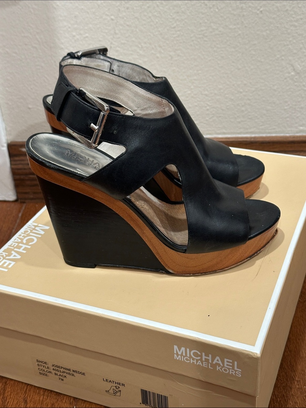 Michael Kors Josephine Black Leather Open-Toe Wedge Sandal with Brown Platform
